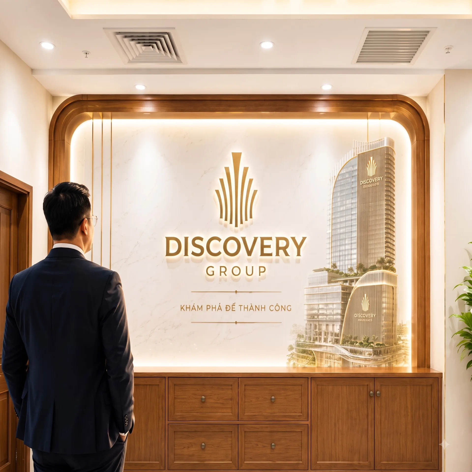 Brand wall Discovery Group tại khu vực lễ tân