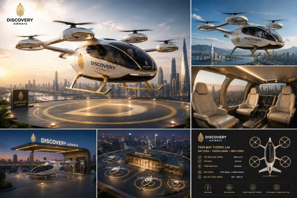 Phối cảnh phương tiện, khoang hành khách, điểm cất hạ cánh và thông số taxi bay Discovery Airways
