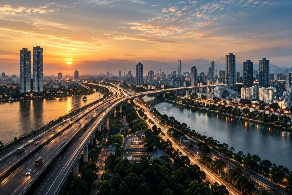 Nút giao cao tốc đô thị ven sông lúc hoàng hôn