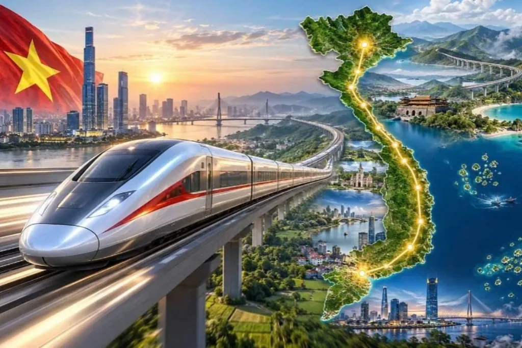Tàu cao tốc chạy trên cầu cạn cùng bản đồ tuyến Bắc – Nam