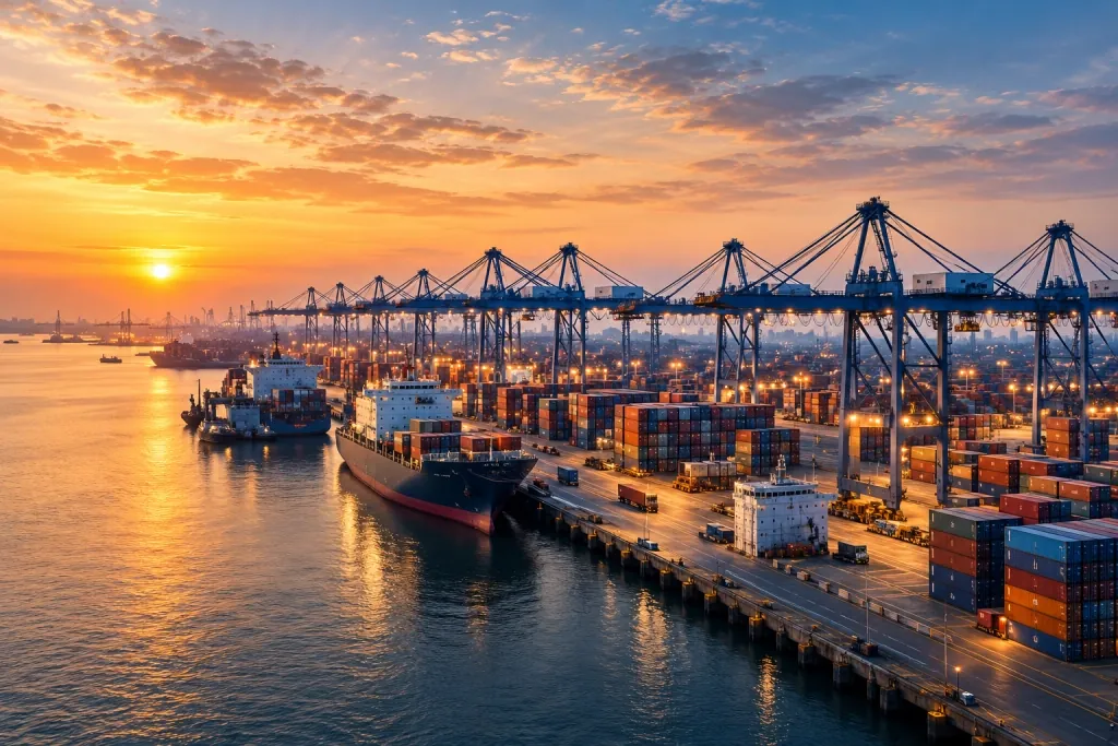 Cảng container với cần cẩu và tàu hàng lúc hoàng hôn